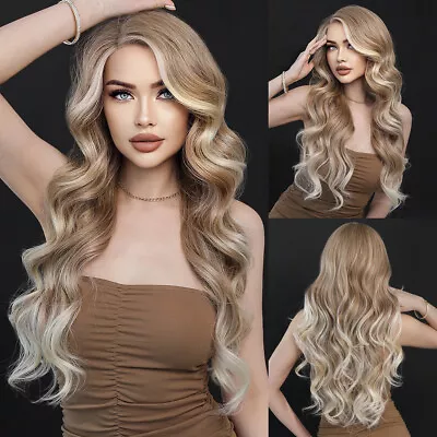 28  Beige Blonde Side Part Body Wave Wig Long Curly Synthetic Wig 13x4x1 T Lace • $99.99