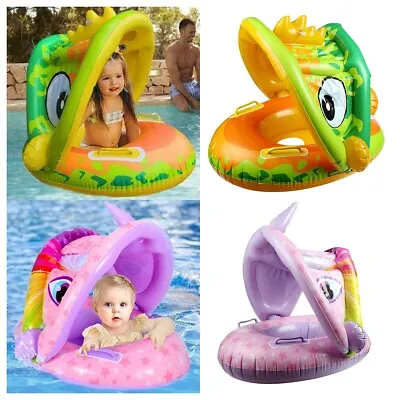 Baby Swimming Ring With Sun Canopy Inflatable Toddler Float Swim Seat Aid Toy UK • £7.99