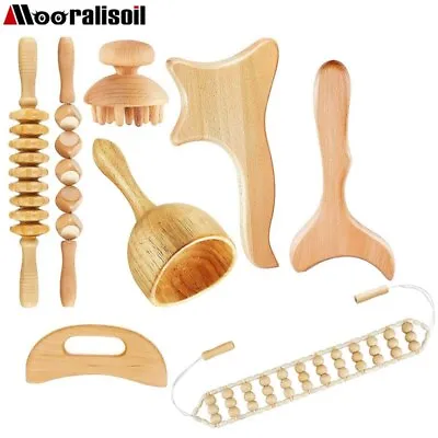 8pcs Wooden Massager Kit Wood Therapy Tools Gua Sha Roller Body Slimmling • $46.27