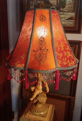 Vintage Victorian Style Red  Orange & Gold & Beaded Fringed Table Lamp Shade • $250