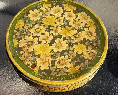 Vintage Mrs Stevens Home Made Candies Tin Chicago Green Gold Floral Yellow Daisy • $19.99