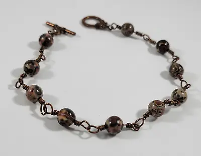 Vintage Beaded Mineral Copper Tone Toggle Clasp Bracelet Handmade Wire • $19.99