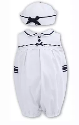 Sarah Louise Boys White Navy Sailor Romper  Hat Outfit Set 12 Months New Girls • £23.99