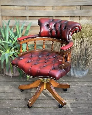 Vintage Chesterfield  Oxblood Leather Captains Swivel Office Chair • £295