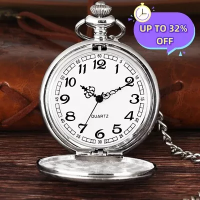 Vintage Quartz SILVER Pocket Watch With Chain 1920's Classic Peaky Blinder Style • £4.55