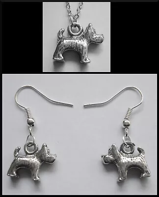 Earrings & NECKLACE #2262 Pewter SCOTTY DOG (15mm X 13mm) PUPPY Silver Tone Set • $10.95