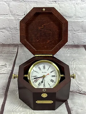 Vtg Bulova Quartz Desk Tabletop Alarm Clock In Cherry Wood Box • $34.95