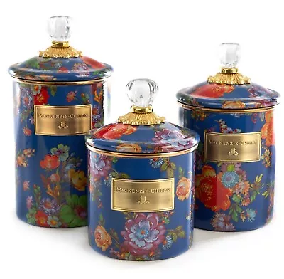 MACKENZIE CHILDS FLOWER MARKET LAPIS Enamel Canisters - Set Of 3 • $298