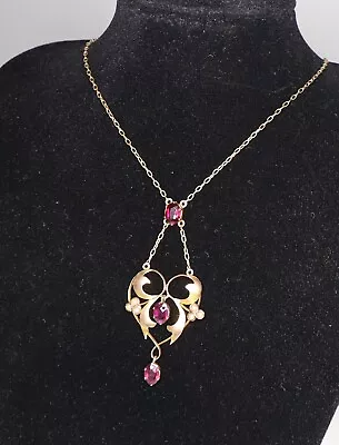 Edwardian 9ct Gold Necklace Set With Garnets And Seed Pearls • £240