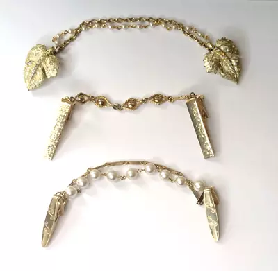 Vintage Sweater Clip Lot Gold Tone Rhinestone Leaf Faux Pearl Collar Dress • $24.99