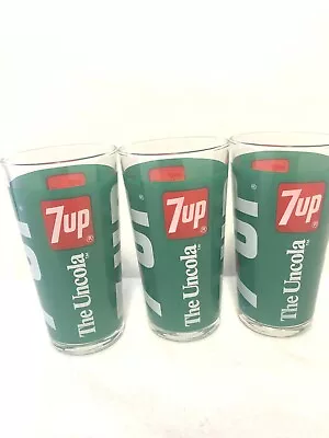 Vintage 7 UP Glasses The UnCola Green 12 Oz Set Of 3 Glass Collectible Drinking • $38.39