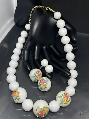 VTG W Germany White Lucite Floral Roses Beaded Necklace Post Dangle Earrings Set • $45