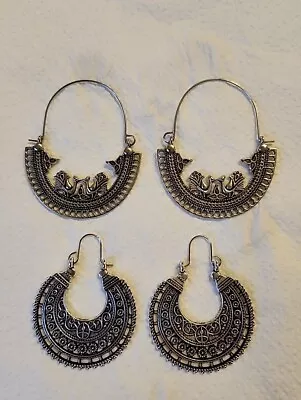 Dangly Earrings Navajo Style Silvertone Earrings X2 Pairs Tribal Creole Hoops  • £5