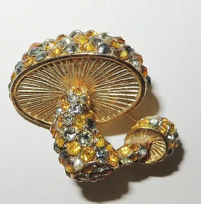 Vintage Signed HATTIE CARNEGIE Topaz Gold Clear Rhinestone  MUSHROOMS Pin RARE • $125