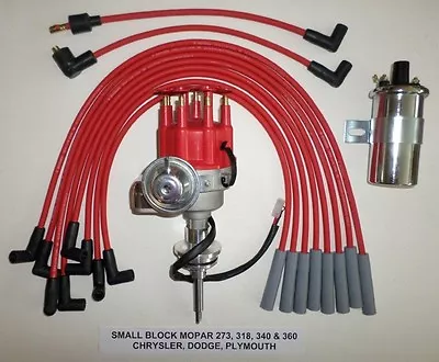 MOPAR 273-318-340-360 Red SMALL Cap HEI Distributor + 45K Coil +Spark Plug Wires • $151.74