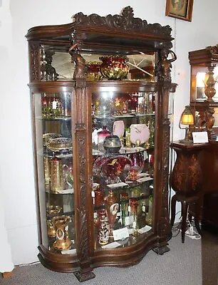 Antique Oak China Cabinet - Hooded Canopy With Carved Ladies - Original Finish - • $14500