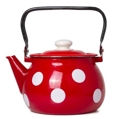 Red Polka Dot Enamel Teapot Stovetop Kettle Vintage Enameled Tea Pot 2.7-qt • $37.95