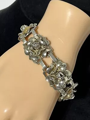 Vintage Hobe Sterling Silver Link Rose Bracelet 7.5” Signed 6 Wide Linked Roses • $125