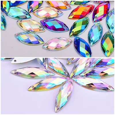 100 X SEW ON BEADS CLEAR AB FLAT BACK FACETED HORSE EYE OVAL RHINESTONE STRASS • £5.19