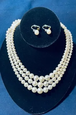 Vintage 1950s 3 Tier Faux Pearl Choker Necklace With Earrings - Free Shipping • $15
