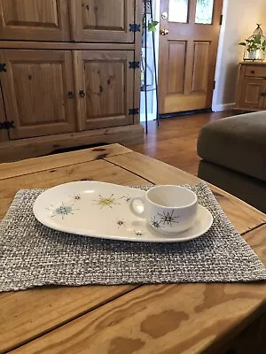 RARE Vintage Mid Century Modern Franciscan Atomic Starburst Snack Plate & Cup • $155