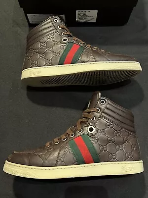 Gucci Chocolate Striped High Tops 221825 Sneakers Gg Size 6.5 Us 7.5 Authentic • $285