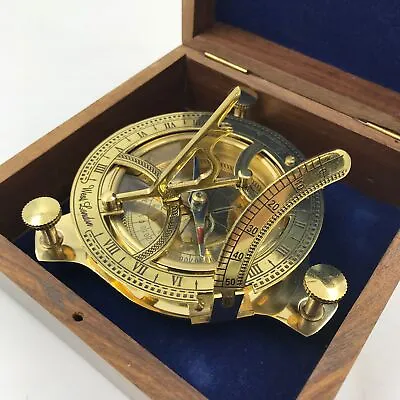 Nautical Antique Brass Sundial Compass Stunning 4  W/ Teak Wood Display Box • $19.98