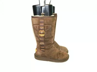 UGG 5 36 Brown Retro Cargo Boots Shearling Lined Suede Side Zip Mid Calf Buckle • $24.99