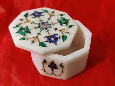 Marble ~Mosaic Trinket Box ~Inlay Semi Precious Stones ~Octagon ~2.5” ~INDIA  • $50