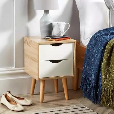 Bedside Cabinet 2 Drawer Oak White Lamp Side Table Solid Wood Legs Scandi Style • £32.99