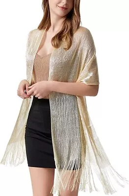 Pashmina Shawl Scarf Womens One Size Champagne Gold Shimmer Sparkle Metallic • £9.95