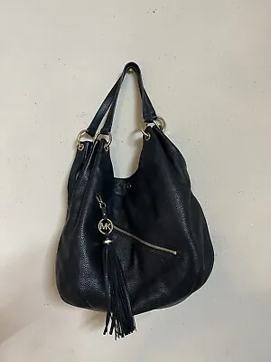 Michael Kors Handbag Black Pebbled Leather MK Charm Tassel Hobo Purse • $42