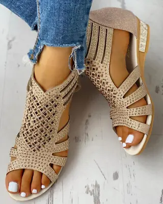 Hot Womens Roman Crystal Hollow Out Sandals Summer Rhinestone Beach Shoes Casual • $26.03