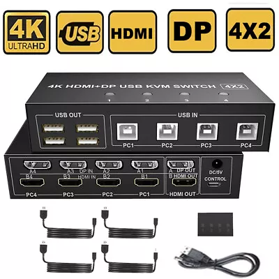 4 Port Dual Monitor HDMI+DisplayPort KVM Switch 4X2 4K@60Hz Mixed Display USB DP • $87.95