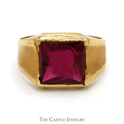 Men's Synthetic Ruby Intaglio Ring With Brush Textured Sides In 18k Yellow Gold • $995