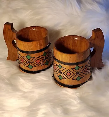 Vintage Wooden Handcrafted Beer Steins Mugs Tankards Hand Painted Set Of 2 • $24.45