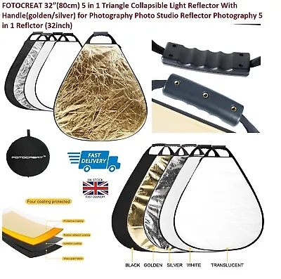5 In 1 Triangle 80cm Collapsible Flash Light Reflector W/ Handle For Photography • £14.95