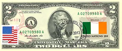 $2 Dollars 2013 Star Stamp Cancel Postal Flag From Ireland Value $175 • $175