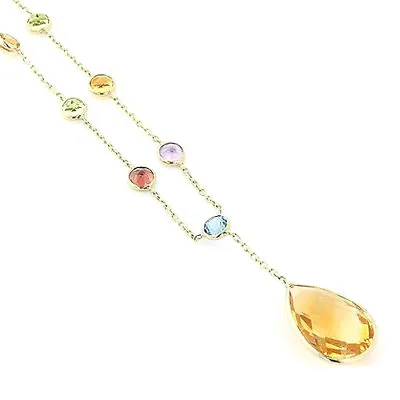 14K Yellow Gold Multi-Colored Gemstone Necklace With A Pear Shape Drop 18 Inches • $442.79