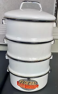 Vintage Federal Porcelain Enamel Buckets Stacking White Kitchen Enamelware • $59.95