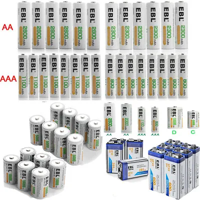 EBL Lot AA AAA C D Size 9V Battery 6F22 Ni-MH/Li-ion Rechargeable Batteries USA • $12.99