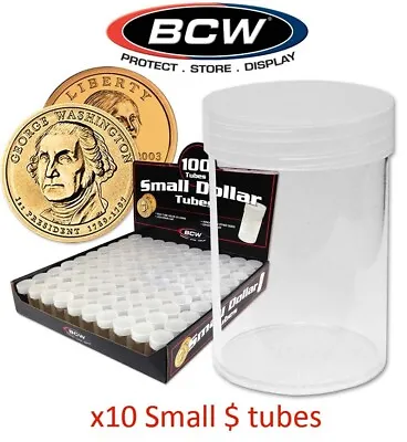 Small Dollar $ Coin Tubes Lot Of 10 BCW Round Clear Plastic Holders Lot Screw On • $7.46