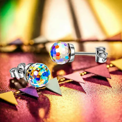 Aurora Borealis Disco Ball Round Crystal Stud Earrings Made With Swarovski   • $9.99