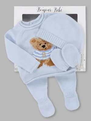 Baby Boys Knitted Outfit Blue Teddy Fancy Knit Pram Gift Boxed Set Newborn - 6m • £13.95