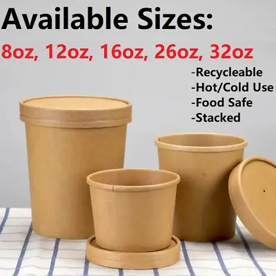 Disposable Soup Bowls Kraft Paper Soups Cups With Lids Takeaway Ice Cream Pots • £0.99