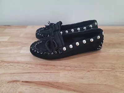 $20 • Buy Minnetonka X Rebecca Minkoff Kilty Stud Moccasin Black Leather Suede, Size 8.5