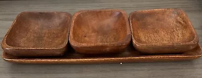 Vintage MCM Wooden Serving Tray With 3 Bowls Handmade In Philippines  • $14