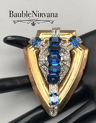 VTG McClelland Barclay Shield Dress Clip Sapphire Blue Rhinestones 2 Tone Gold • $165.99