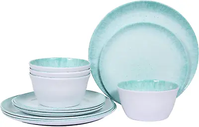 Melamine Dinnerware Sets - 12Pcs Dishes Plates And Bowls Set Service For 4 Tur • £51.07