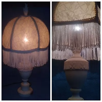 Vtg. 20   Marble Alibaster Swirl White Table Lamp W/Tassel Fringe Lamp Shade • $99.95